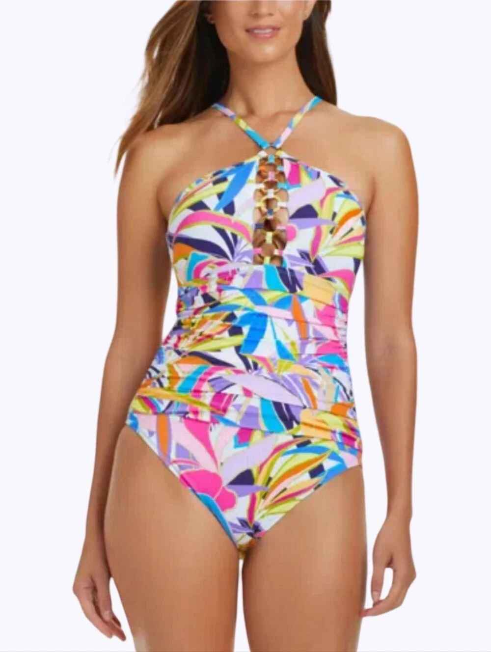 Bleu Rod Beattie‎ Tropical Floral Halter One Piece Swimsuit Multi Color Ring new
